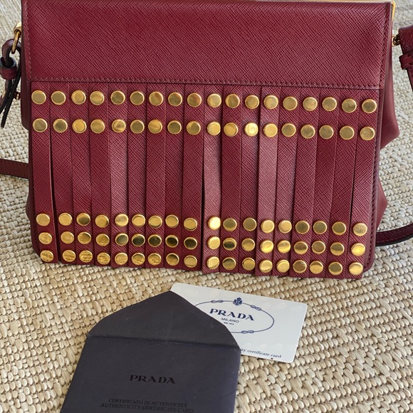 Prada Burgendy Saffiano city C Lux leather Studded Idol Should bag - Picture 11 of 13